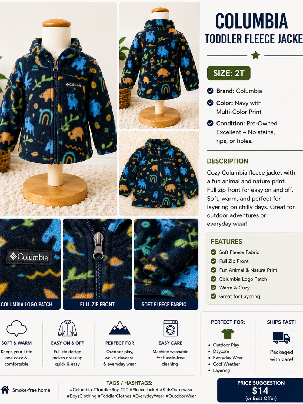 Columbia Toddler Navy Fleece Jacket with Multi-Color Animal Print